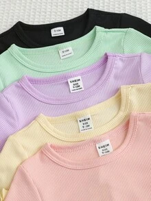 SHEIN Playful Pals 5件套女婴纹理荷叶边袖圆领T恤和蝴蝶结短裤，10件/包 - 彩色 - 查看 5