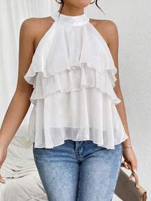 Firerie Women's Summer Multi-Layer Ruffle Asymmetrical Chiffon Halter Top,Summer Top - White - View 6