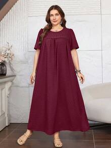 Lacomfia Gaun Kasual Minimalis Jacquard Pom Pom Leher Bulat Longgar Lengan Pendek Ukuran Besar, Cocok untuk Musim Semi & Gugur - Burgundy - View 3