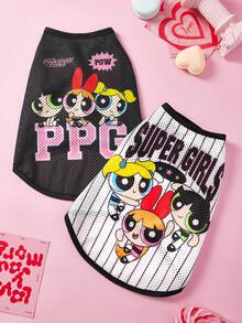 THE POWERPUFF GIRLS X SHEIN 1件可爱卡通印花网眼宠物背心，运动背心，猫狗通用，尺码从XXS到XXXXXL，从超小到超大，友谊、花朵、绒球、泡泡图案 - 黑色 - 查看 6