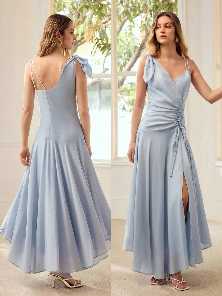 WOMEN'S LONG BLUE RUCHED TENCEL LINEN DRESS, SPRING/SUMMER