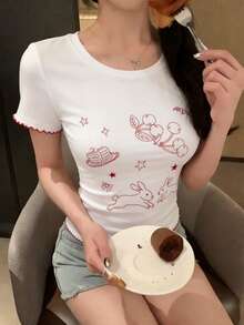 Tideelle Dog Tooth Design Cute Round Neck Short Sleeve T-Shirt - White - View 4