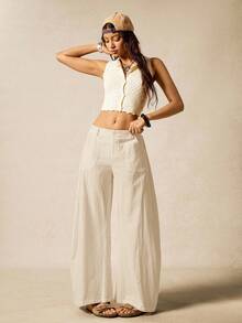 Pantalones anchos de uso diario de unicolor con bolsillo y botón, versátiles y casuales para mujeres - Albaricoque - Ver 5
