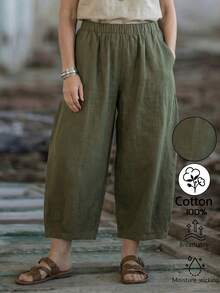 EMERY ROSE Women's Vintage Casual Vacation Cotton Linen Feeling Elastic Waist Loose Lantern Leg Relaxed Linen Cropped Pants For Summer - Army Green - View 4