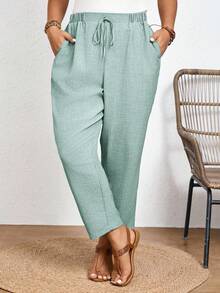 SHEIN Frenchy Quần dài trơn màu, cỡ lớn, kiểu dáng thường ngày, cạp chun và túi chéo. - Màu xanh bạc hà - Xem 4