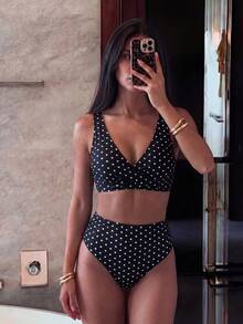 SHEIN Swim 女士夏季沙滩波点印花性感比基尼泳装套装，波点两件套比基尼套装，波点比基尼泳装，女士两件套波点比基尼泳装，波点比基尼套装 - 黑與白 - 查看 3