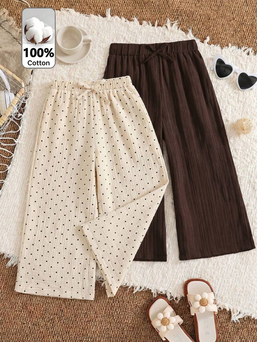 SHEIN 女童100%纯棉波点抽绳弹力腰裤 女童柔软波点彩色宽松休闲裤 柔软100%纯棉女童服装 女童波点裤 纯棉裤 女童休闲裤 惊喜盒!!!!50%概率获得2件 - 杏色 - 查看 1