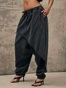 Denimoi Quần jeans ống rộng, phối nhiều lớp phía trước, thời trang đường phố. - màu đen - Xem 4