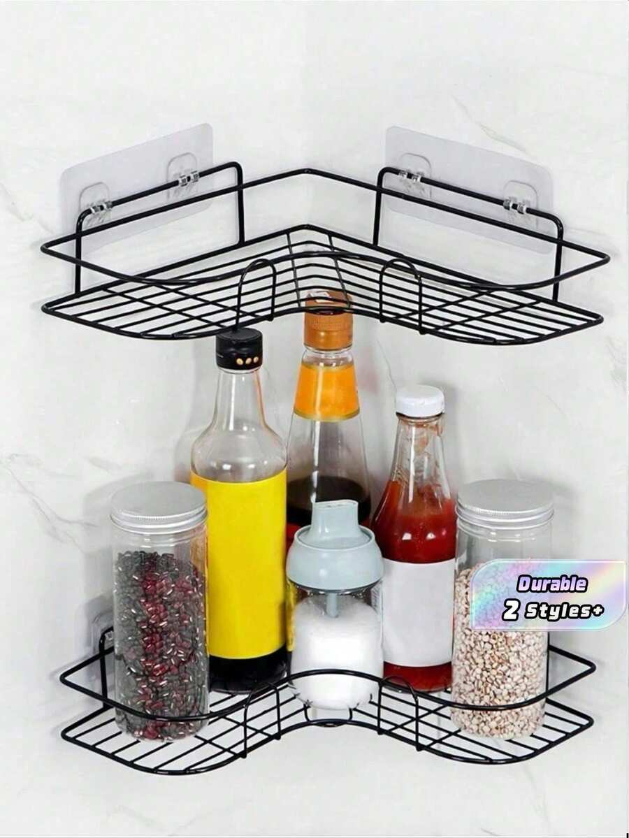 1pc Iron Bathroom Storage Rack, Hole-Free Wall Mounted Organizer Shelf, Bathroom Accessories, Household Essential, Bathroom Supplies, Gift For Women, Gift For Family - Black - View 1