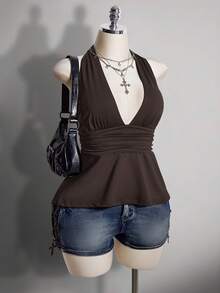 SHEIN ICON 大码V领收腰A字露背波点吊带背心，复古Y2K波点露背吊带背心，娃娃款波点露背吊带上衣 - 棕色 - 查看 8