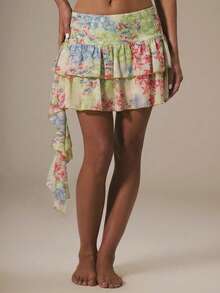 Sweetness Women's Fairycore Vacation Sweet Ultra-Low Waist Floral Print Ruffle Hem Skirt - Green - View 7
