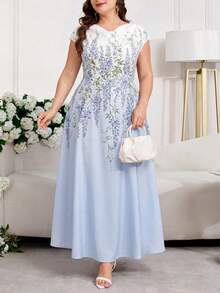 Reflora Đầm tay ngắn thanh lịch, cổ chữ V, họa tiết hoa, cỡ lớn, màu ombre. - Màu xanh nhạt - Xem 3