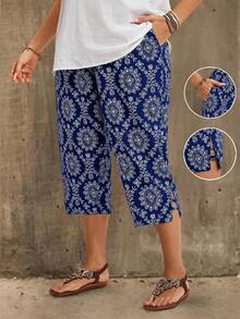 EMERY ROSE Plus Size Casual All-Over Print Conical Pants,Country Vacation Outfits Woman,Simple And Fashionable For Everyday Wear,Summer Tops Women,Summer - Navy Blue - View 1
