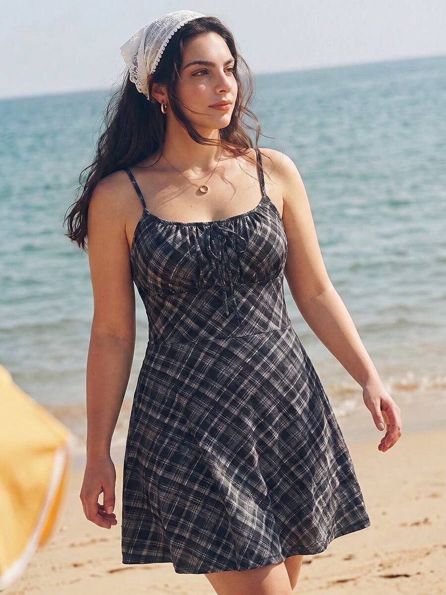 Solavibe Elegant Black And White Summer 1950s Vintage Plaid Mini Dress For Women,Sweetheart Neck Spaghetti Strap Beach Holiday Vacation Picnic Sun Dresses - Grey - View 1