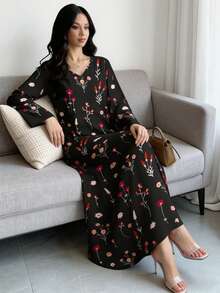 SHEIN Najma 黑色碎花连衣裙，女士时尚V领长袖连衣裙，优雅阿拉伯风格服装，春夏优雅长款连衣裙 - 彩色 - 查看 4