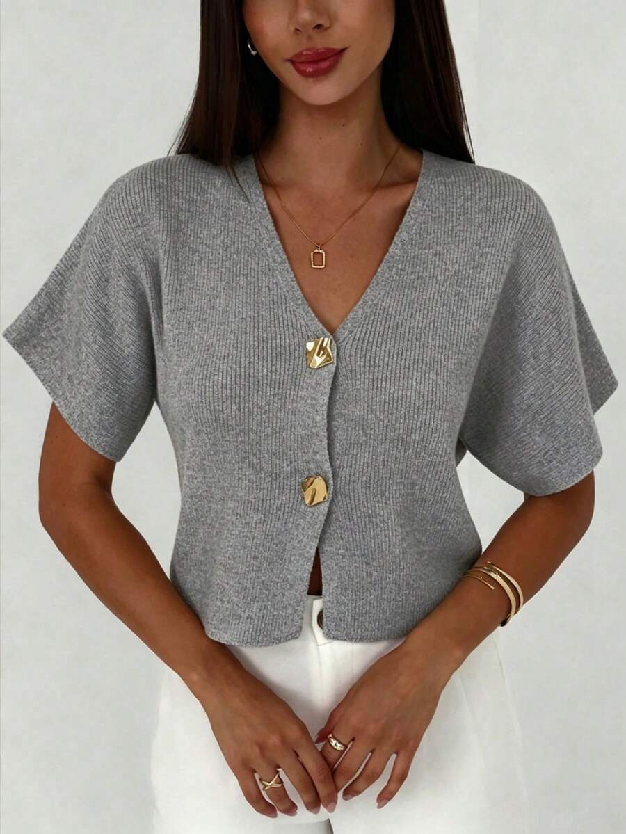 Aloruh Women's Metal Single-Breasted Short Sleeve Casual Thin Cardigan - Light Grey - View 1