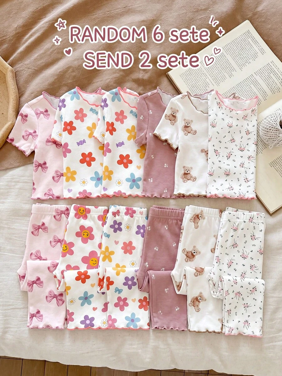 2 Random Sets Baby Girls Summer Outfits,Cute White Floral,Heart,Bow Print Pajama Sets,Holiday Ruffle Trim Nature-Inspired Kawaii Korean Style Clothes - Multicolor - View 1