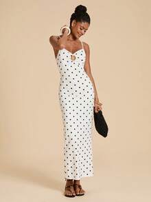 Travachic Women's Summer Fashion Vacation Style White With Black Polka Dots Floral Print Metal Decor Ruched Maxi Slip Dress Vacation French Tropical - White - View 3