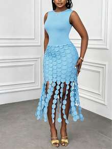 Xyvia Women's Water-Soluble Lace Tassel Round Neck Sleeveless Dress - Baby Blue - View 3