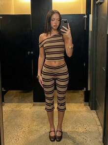 SHEIN ICON 女士条纹拼接休闲百搭七分裤，适合日常穿着 - 彩色 - 查看 7