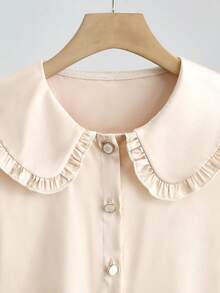 SHEIN Elegant Beige Summer Women's Blouses,Peter Pan Collar Ruffled Short-Sleeved Sparkly Tea Party Wedding Guest Ceremonial Beach Teachers' Day Wear - Apricot - View 4