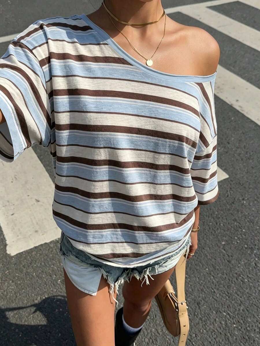 Muchica Plus Size Women Blue Striped Contrast Color Off-Shoulder Casual T-Shirt City Break Summer - Multicolor - View 1