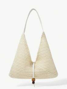 MUSERA Straw Woven Faux Leather Bead Detail Handbag  Cute Summer Beach Swim Going Out Daily Spring Holiday Accessory - Beige - View 4