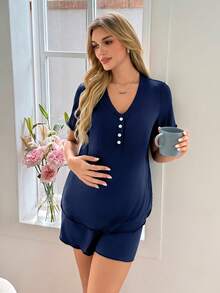 Moonlight&Mama Moonlight & Mama 海军蓝基础款休闲波浪领开襟哺乳可调节腰围孕妇家居服套装 - 藏蓝色 - 查看 5