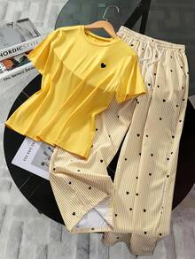 SHEIN 少女夏季休闲爱心印花T恤和条纹裤套装 - 黃色 - 查看 6