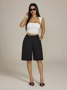 SHEIN PETITE Quần short Bermuda Modichic Casual Solid Slant Pocket - màu đen - Xem 6