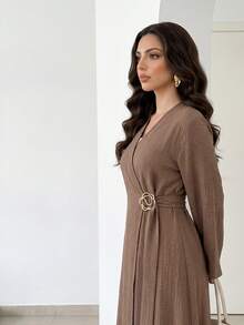Solavon Áo choàng Abaya kiểu Ả Rập thanh lịch dành cho nữ, kiểu quấn, buộc dây, tay loe. - Cà phê nâu - Xem 4