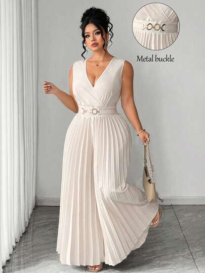 Elenzga Mono de mujer talla grande, nuevo, casual y elegante para oficina, con cuello en V fruncido y sin mangas, diseño estilizante para primavera/verano