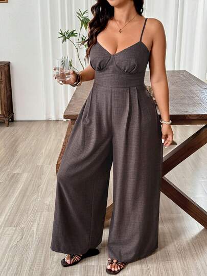 Weeklong Macacão Elegante e Casual de Cor Sólida com Alça de Laço Sem Costas para Mulheres Plus Size, Primavera/Verão