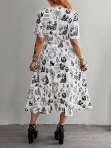 Whyspr Vestido con estampado, de cuello en V, sexy, de manga corta y que ciñe la cintura - Blanco - Ver 2