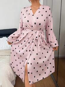 Napfluff CURVE Napfluff CURVE Plus Size Polka Dot Print Long Sleeve Robe Night Autumn - Pink - View 6