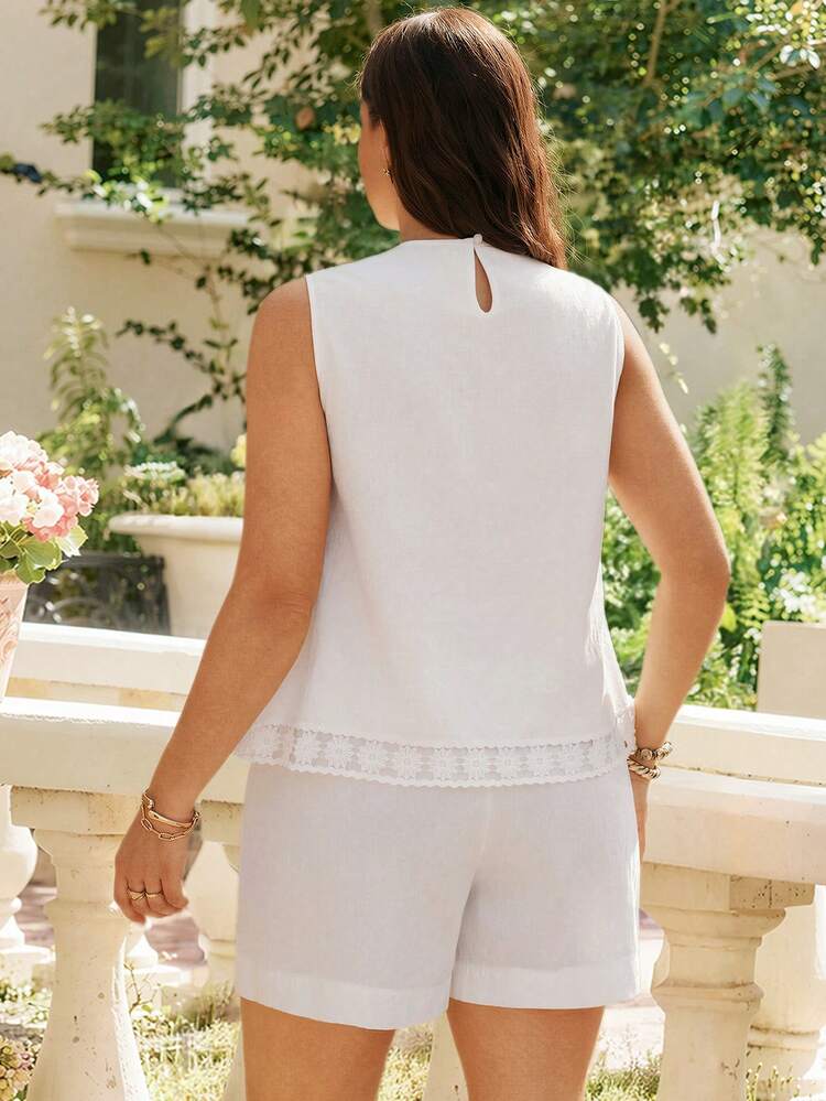 Plus Size Women Summer Casual Vacation Daily Commute Contrast Lace Sleeveless Top And Shorts 2 Piece Set