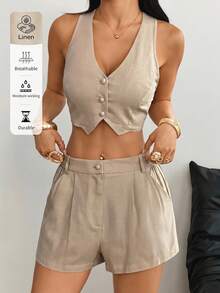 SHEIN EZwear 女士休闲纽扣短款背心和休闲口袋短裤套装 - 卡其色 - 查看 1