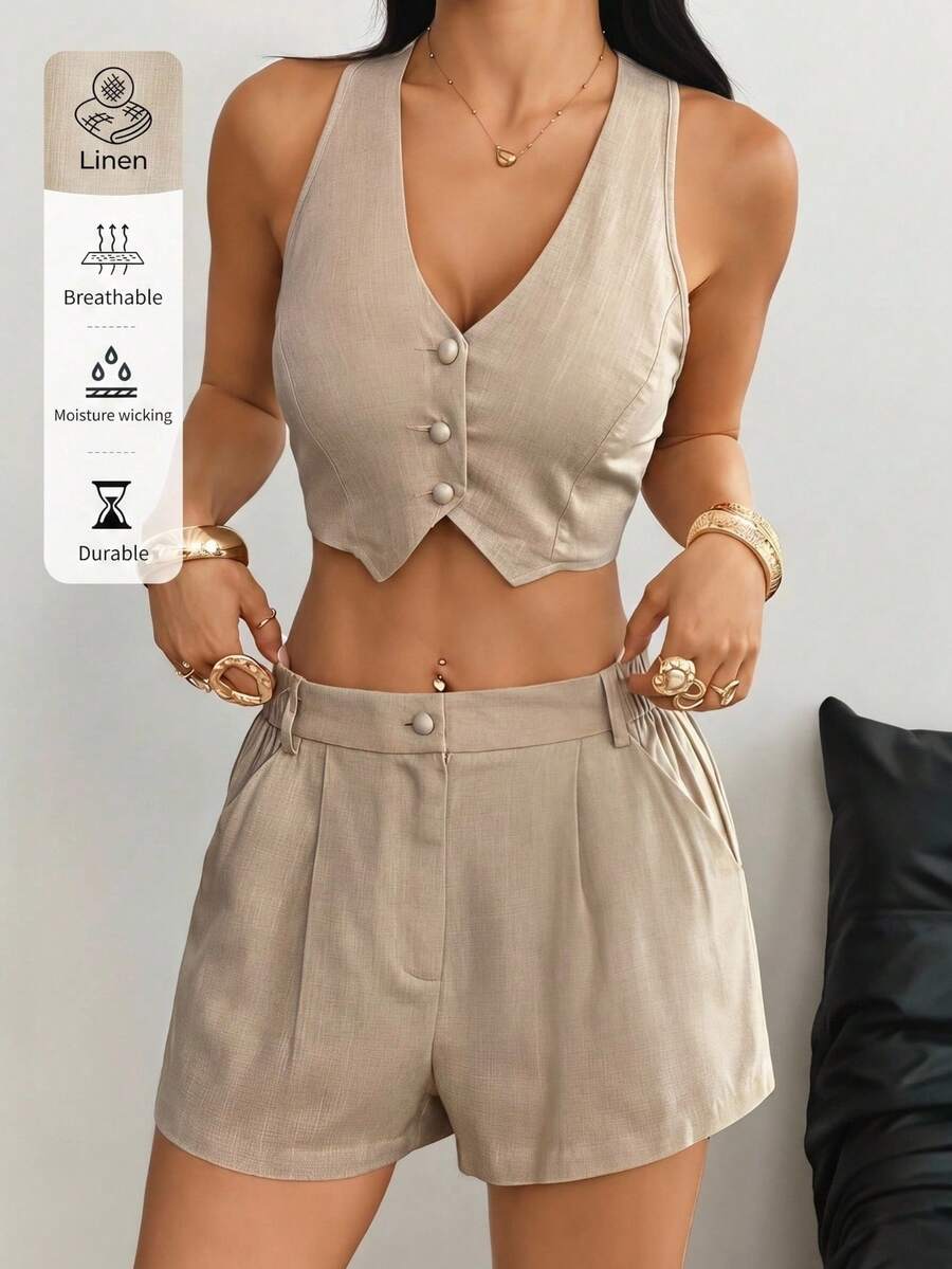 SHEIN EZwear 女士休闲纽扣短款背心和休闲口袋短裤套装 - 卡其色 - 查看 1