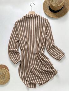 Áo khoác ngoài dáng kimono cổ bẻ màu xanh trắng kẻ sọc jacquard dành cho nữ, thương hiệu Swim SXY-D, thích hợp cho mùa xuân/hè, chất liệu vải jacquard. - Nhiều màu - Xem 4