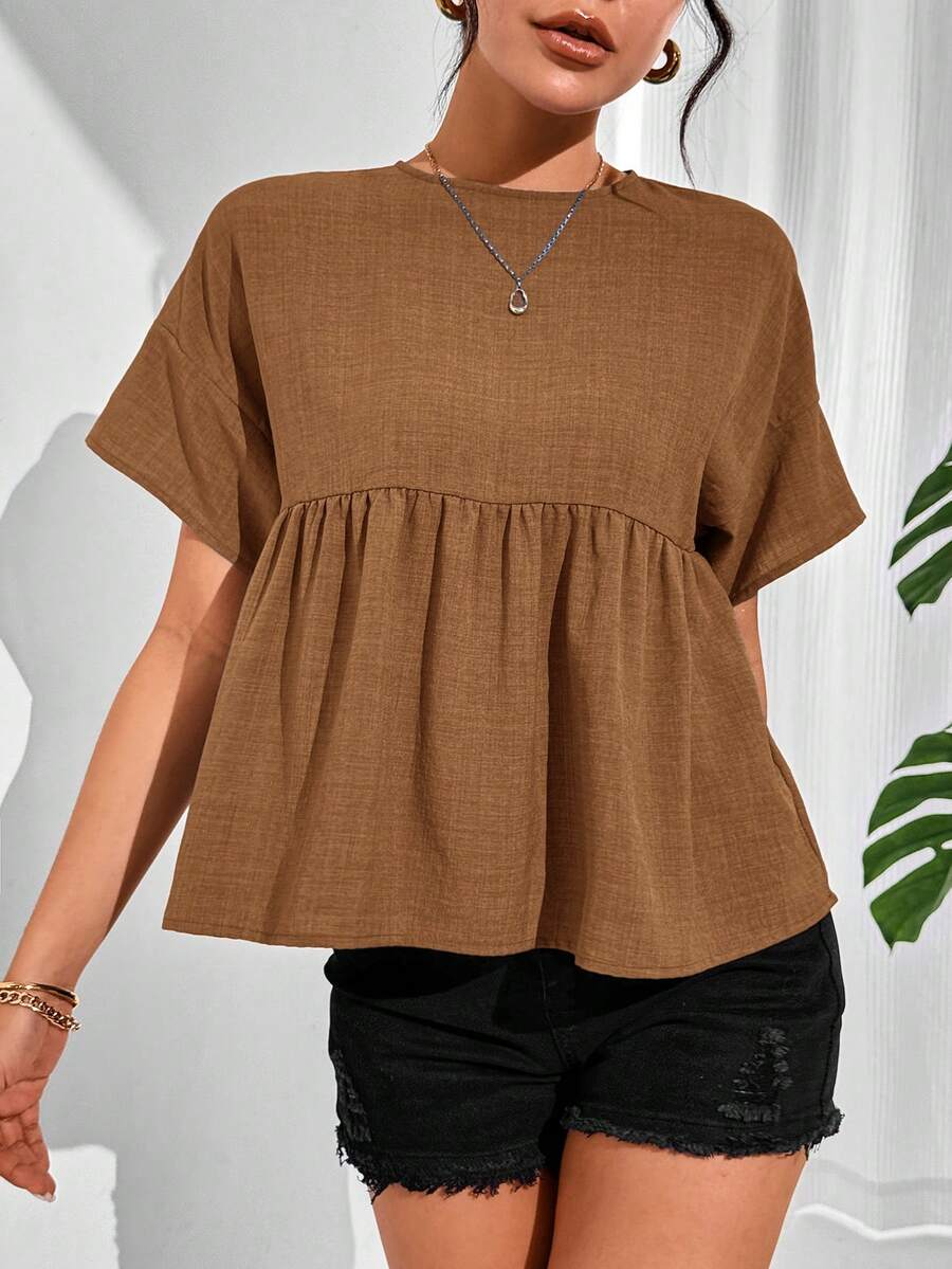 SHEIN Essnce Blusa casual de mujer con volantes en el bajo, unicolor, para verano - Marrón - Ver 1