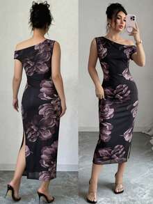 SHEIN LUNE Women's New Elegant Sexy Office, Outing, Vacation, Beach, Commute, Romantic, Party, Birthday, Concert, Valentine's Day, Carnival Outfit, Women's Summer New Asymmetric Neck Tank Top Cinched Waist Mesh Print Long Bodycon Dress, Mesh Print Dress, Asymmetric Neck Dress, Cinched Waist Bodycon Dress, Tank Top Dress, Print Dress, Asymmetric Neck Ruched Dress, Coffee Color Print Dress, Coffee Color, Mesh Dress - Coffee - View 3