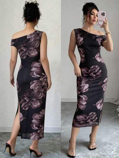 Rafferiza Women's New Elegant Sexy Office, Vacation, Commute, Romantic, Party, Birthday, Concert, Valentine's Day, Carnival Dress - Women's Summer New Oblique Shoulder Waist Cinched Mesh Printed Dress, Mesh Printed Dress, Oblique Shoulder Dress, Waist Cinched Dress, Camisole Dress, Printed Dress, Oblique Shoulder Ruched Dress, Coffee Printed Dress, Coffee, Mesh Dress