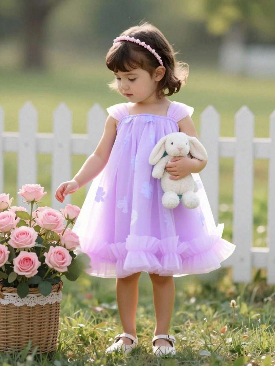 Elladie kids Đầm công chúa chữ A màu tím cho bé gái, mềm mại và duyên dáng, họa tiết hoa, thích hợp cho tiệc vườn, kỳ nghỉ hè, trang phục dự tiệc và đám cưới, bé gái phù dâu, phong cách Âu Mỹ. - Màu tím - Xem 1