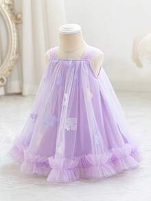 Elladie kids Đầm công chúa chữ A màu tím cho bé gái, mềm mại và duyên dáng, họa tiết hoa, thích hợp cho tiệc vườn, kỳ nghỉ hè, trang phục dự tiệc và đám cưới, bé gái phù dâu, phong cách Âu Mỹ. - Màu tím - Xem 3