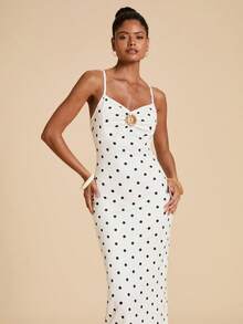 Travachic Women's Summer Fashion Vacation Style White With Black Polka Dots Floral Print Metal Decor Ruched Maxi Slip Dress Vacation French Tropical - White - View 8