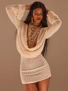 Opulessa Women's Solid Color Plunging Neck Long Sleeve Sheer Coverup Dress - Apricot - View 5