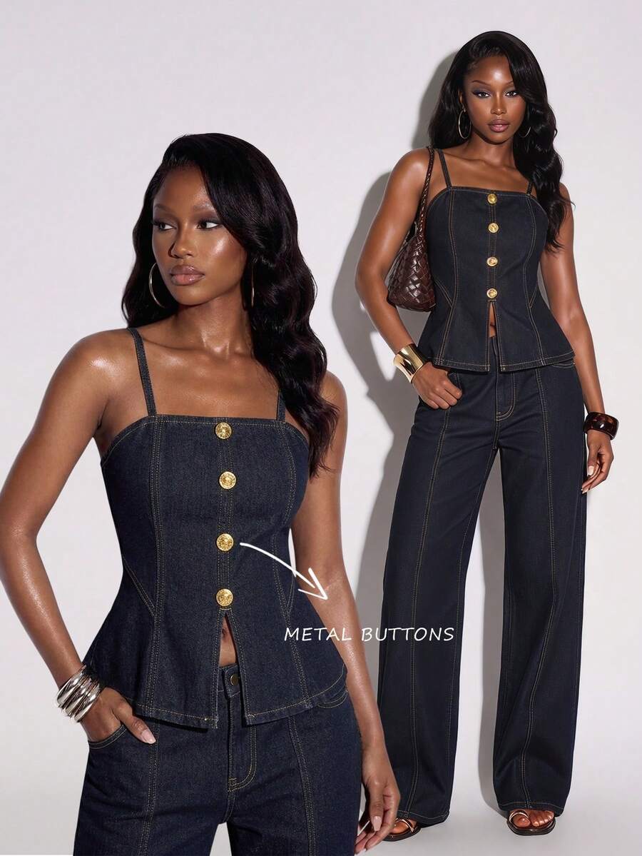 Normani Áo hai dây denim xẻ tà cài cúc phía trước thời trang mùa hè dành cho nữ - Rửa tối - Xem 1