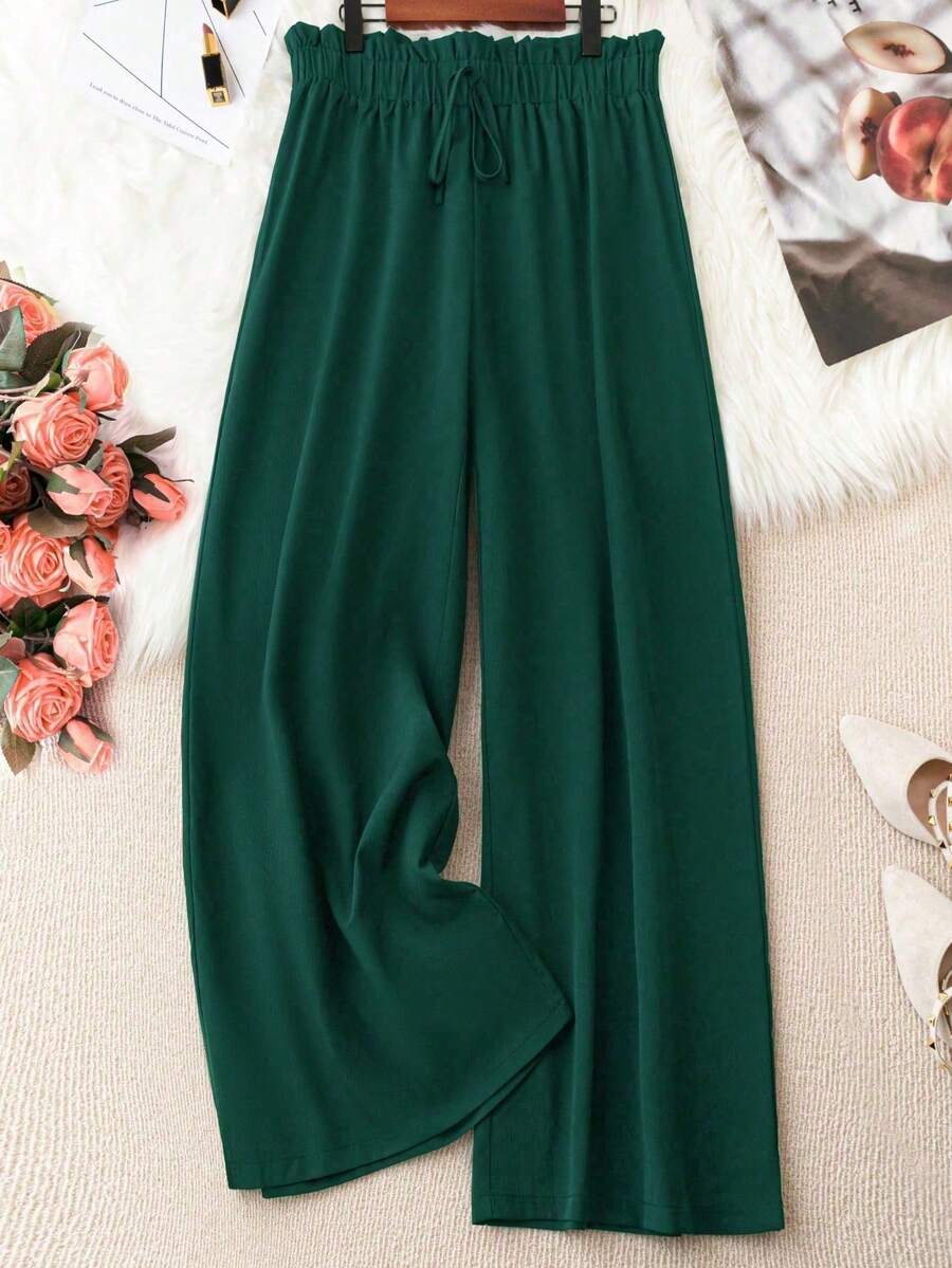 SHEIN CURVE+ Plus Size Women Casual Drawstring Waist Pants - Dark Green - View 1
