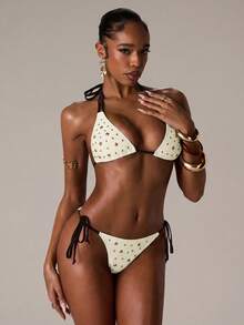SHEIN BAE 女士夏季沙滩铆钉装饰露背系带性感比基尼泳衣套装 - 杏色 - 查看 7