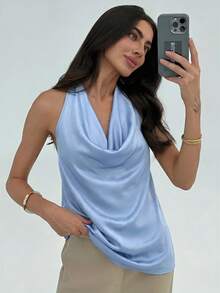 Aloruh Atasan Cami Bodycon Minimalis Model Halter Chic dengan Leher V Dalam untuk Wanita, Atasan Musim Panas - Baby Blue - View 5